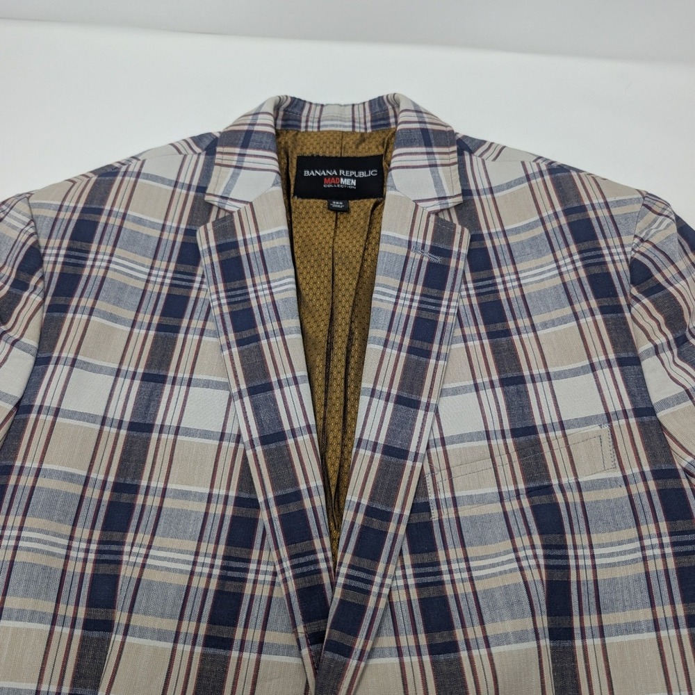 Banana Republic Mad Men Plaid Blazer 38S Tailored Slim Fit Navy Red Gold Lining - Picture 3 of 16